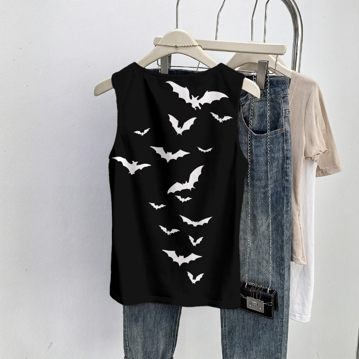 Gotycki Tank Top Damski Moon Moth | Dark Romantic Goth Top z Księżycem i Nietoperzami