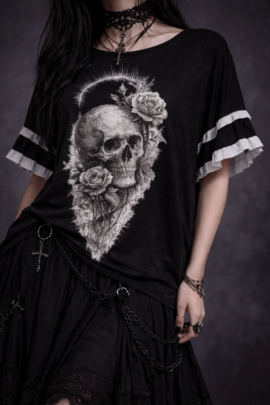 Women in a Gothic Lolita blouse with ruffles