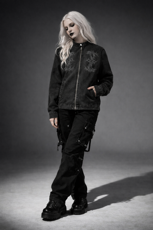 Gotycka Czarna Denimowa Kurtka | Night Child Y2K Gothic