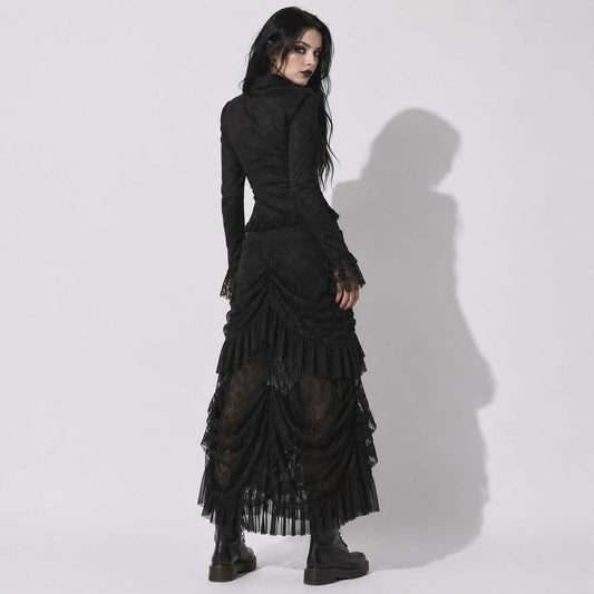 Gotycka Koronkowa Spódnica Maxi Night Kiss | Romantyczny Gothic Darkwear | Czarna Koronkowa Spódnica Alternatywna
