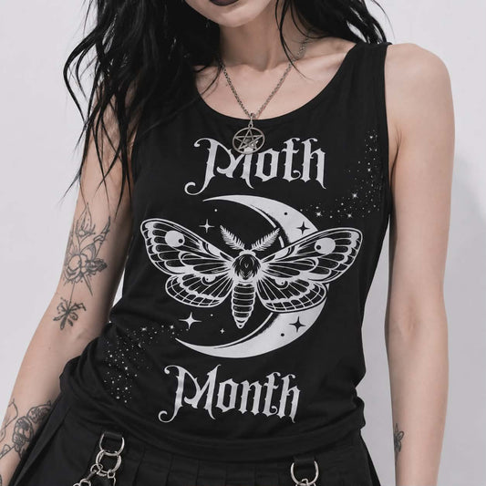 Gotycki Tank Top Damski Moon Moth | Dark Romantic Goth Top z Księżycem i Nietoperzami