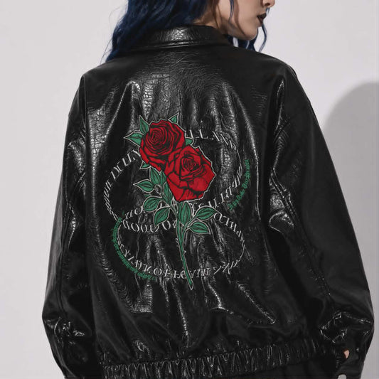Gotycka Kurtka ze Skóry Wegańskiej „Black Thorn Rose” | Oversize Gothic Leather Jacket | Dark Romantic Streetwear | Unisex