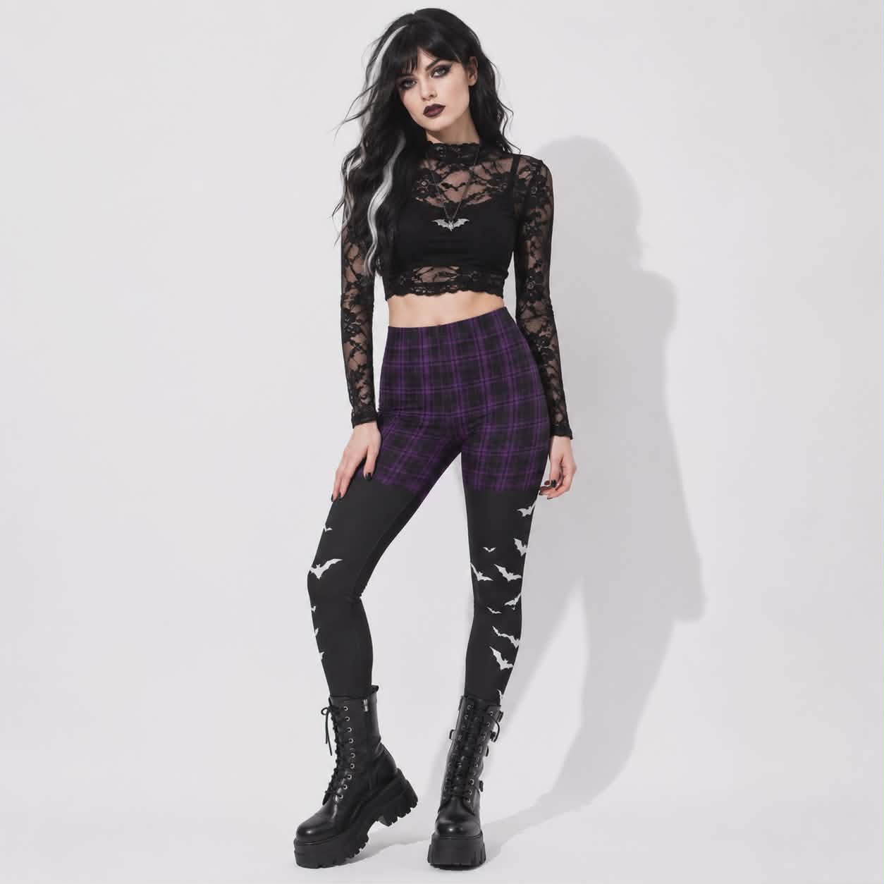 Gotyckie Legginsy Damskie Witchcore | Fioletowa Krata, Nietoperze i Dark Academia