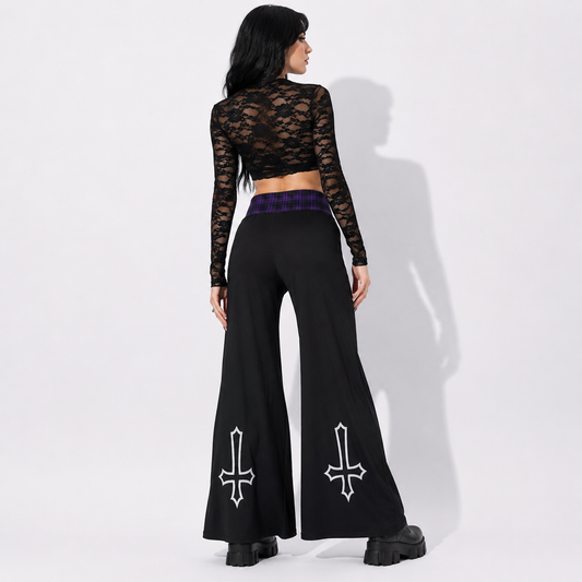 Gotyckie Spodnie Damskie Wide Leg | Witchcore Moon & Bats – Czarne Szerokie Spodnie Alternatywne