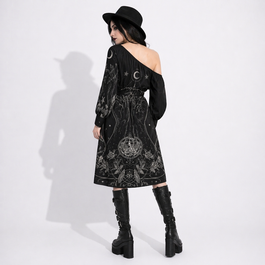 Gotycka Sukienka Wiccańska Sacred Geometry – Symbole Lunarne i Magiczne Dłonie | Occult Witch Dress