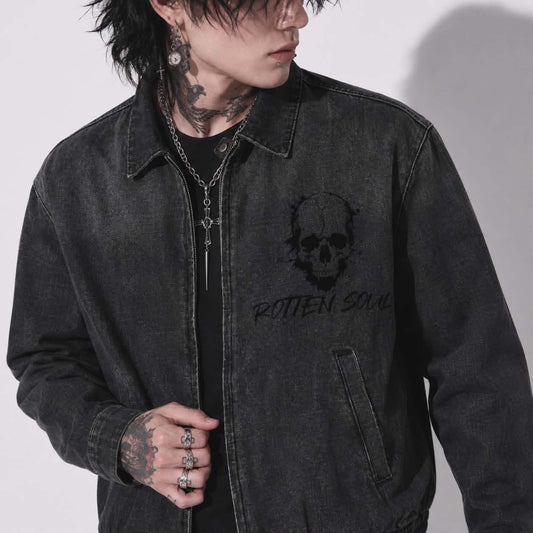 Kurtka Jeansowa Grunge Goth „Rotten Soul” | Unisex Vintage Washed Denim | Alternatywna Kurtka Gothic Grunge 320 GSM