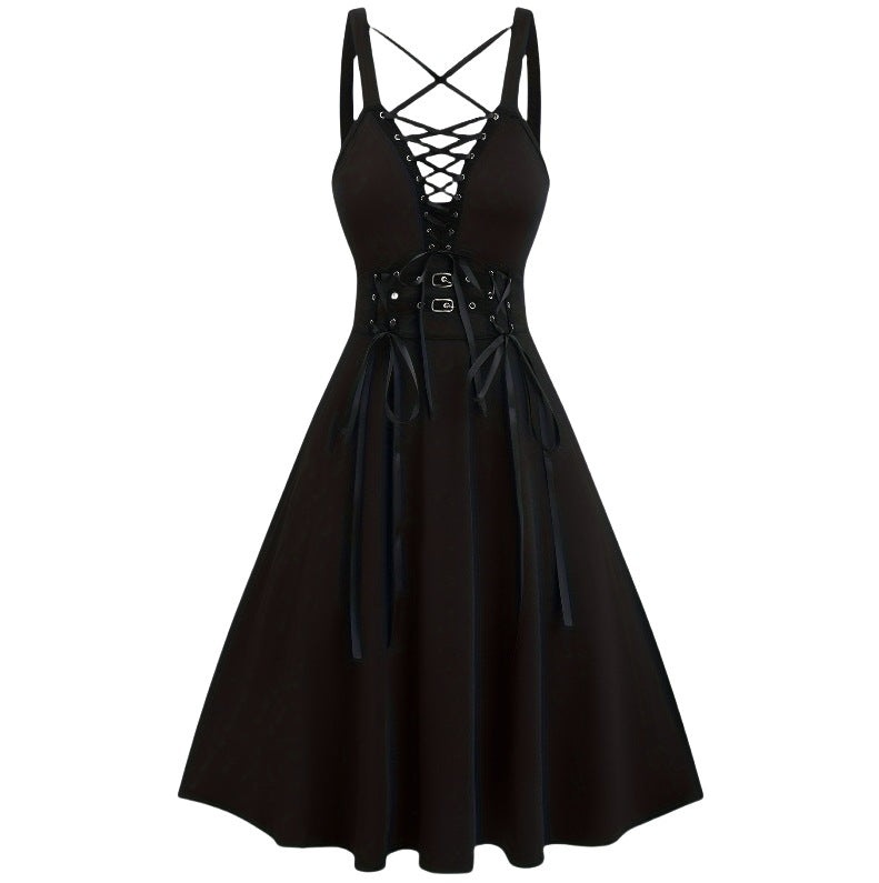 Gotycka Sukienka z Wstążkami – Czarna Gothic A-Line Dress High Waist | Dark Aesthetic Midi Dress