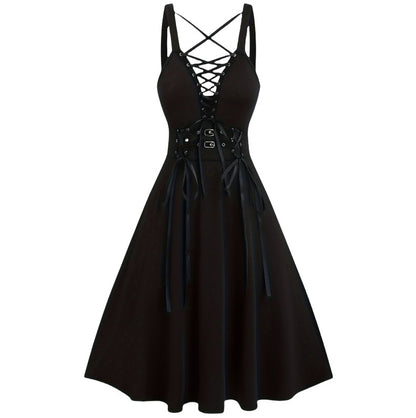 Gotycka Sukienka z Wstążkami – Czarna Gothic A-Line Dress High Waist | Dark Aesthetic Midi Dress