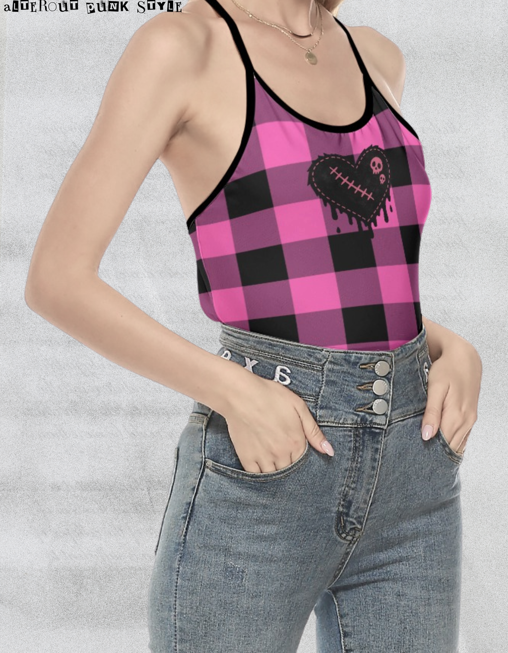 Punkowy Tank Top w różową pastelową kratkę