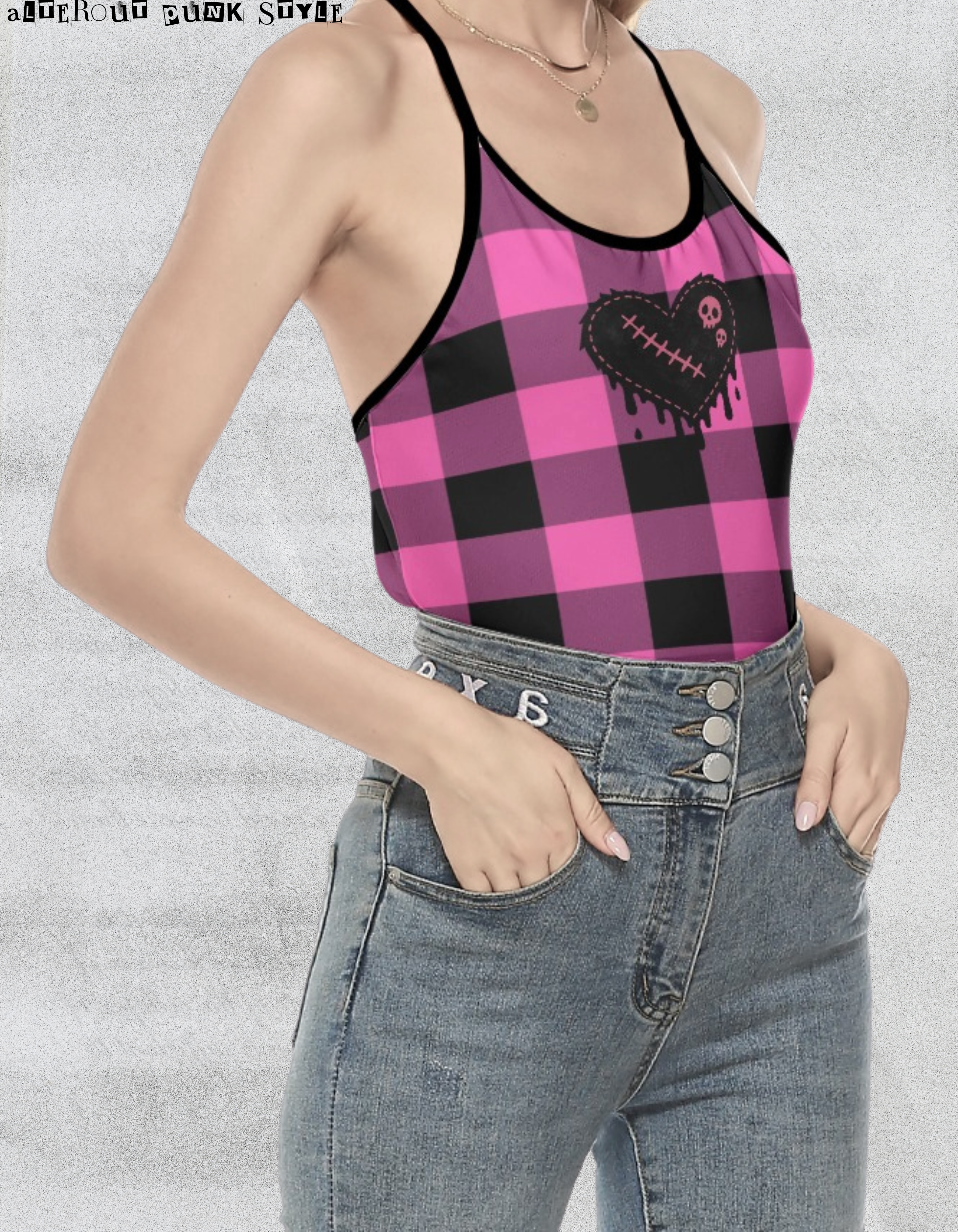 Punkowy Tank Top w różową pastelową kratkę
