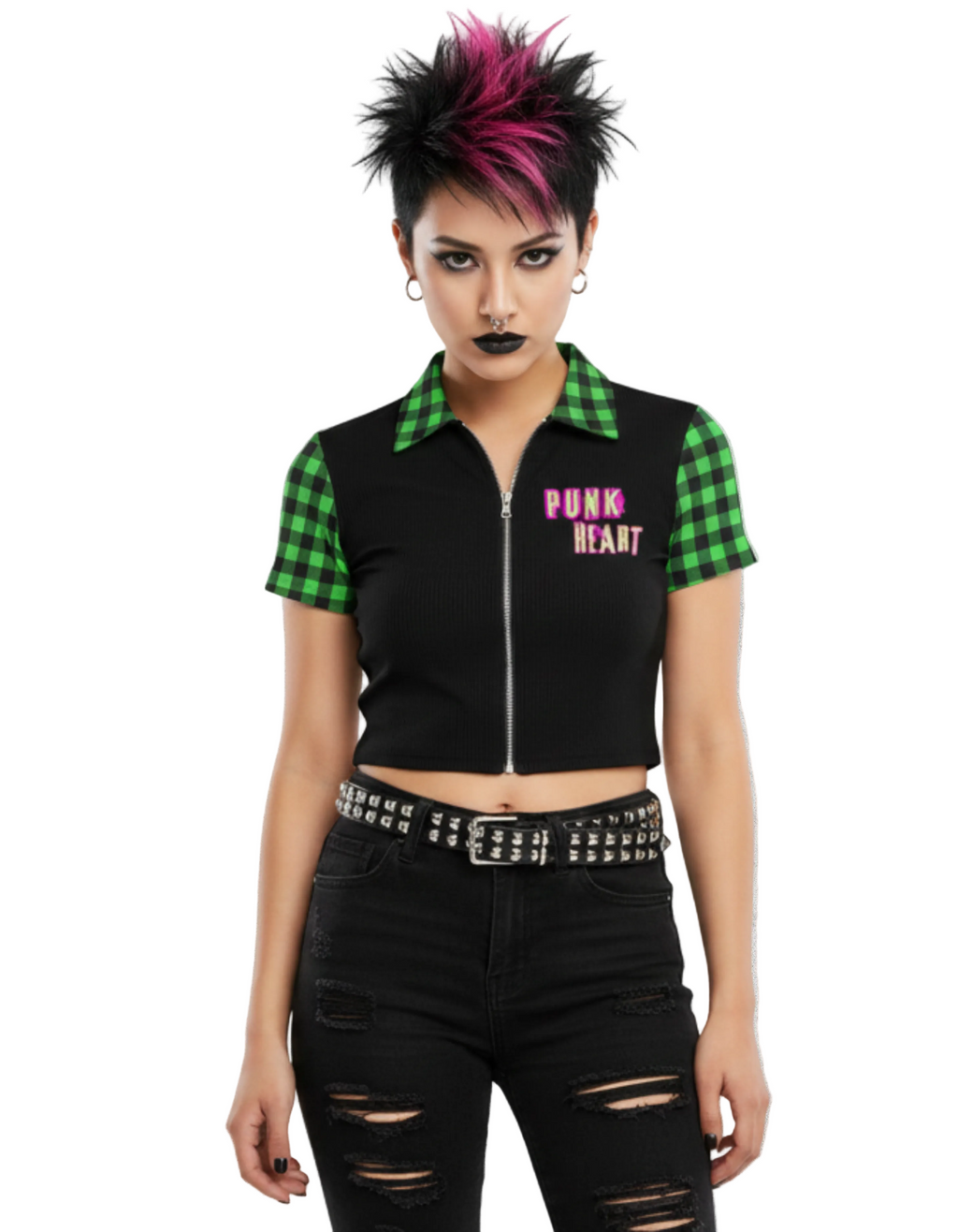Damski Punkowy Zip Crop Top Abstract Chaotic Manifesto - Toxic Green