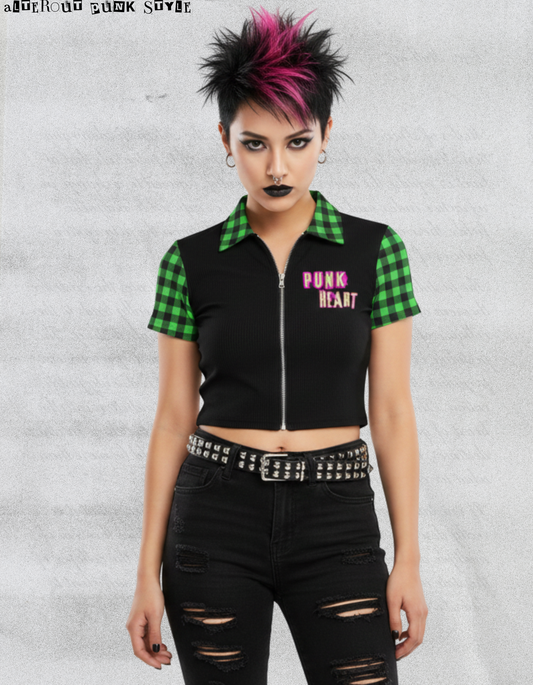 Damski Punkowy Zip Crop Top Abstract Chaotic Manifesto - Toxic Green