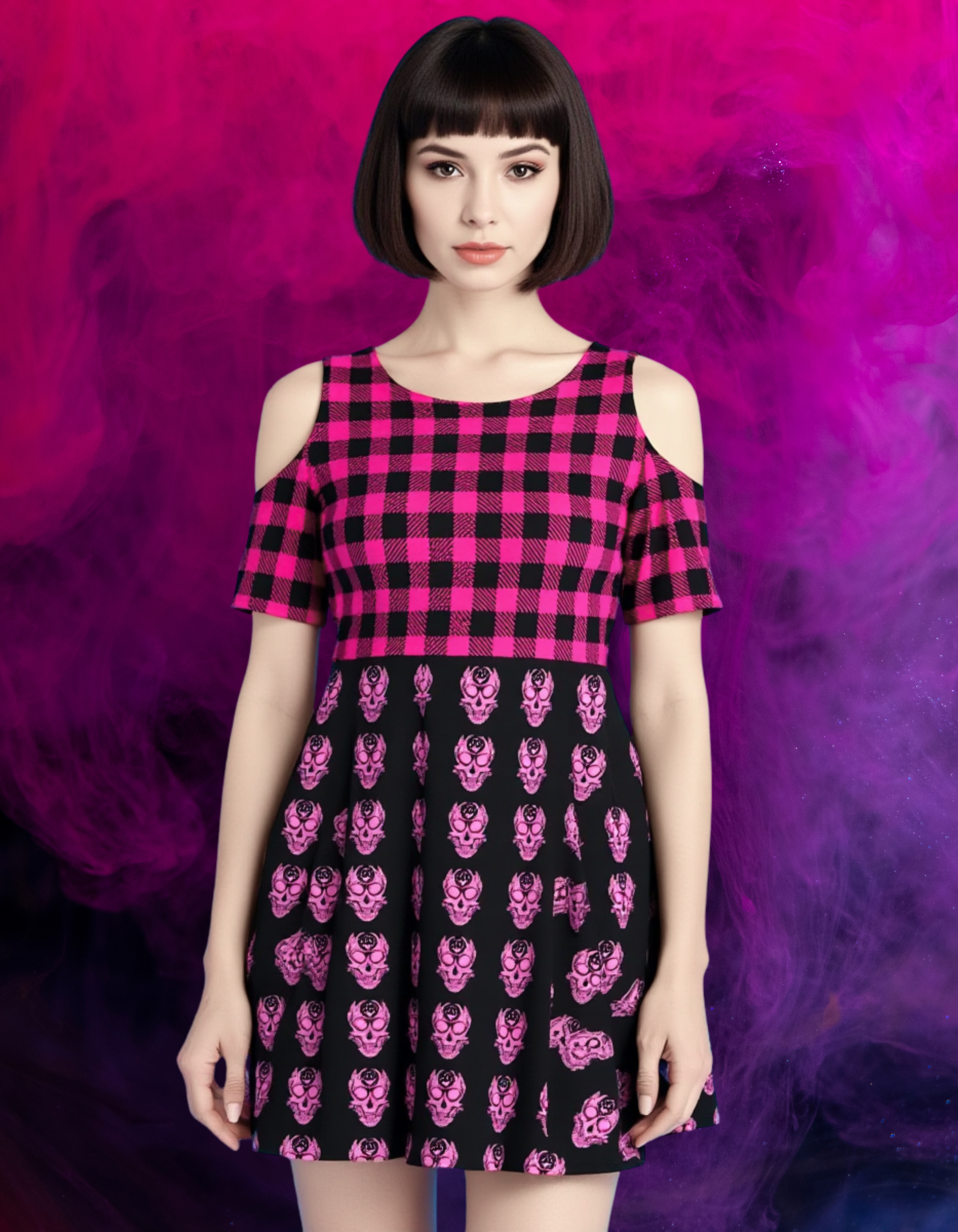 Bawełniana sukienka pastel goth tartan&skulls