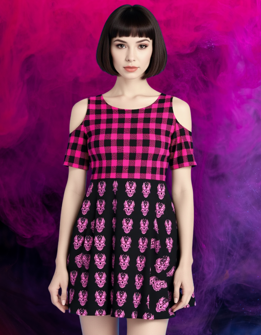 Bawełniana sukienka pastel goth tartan&skulls