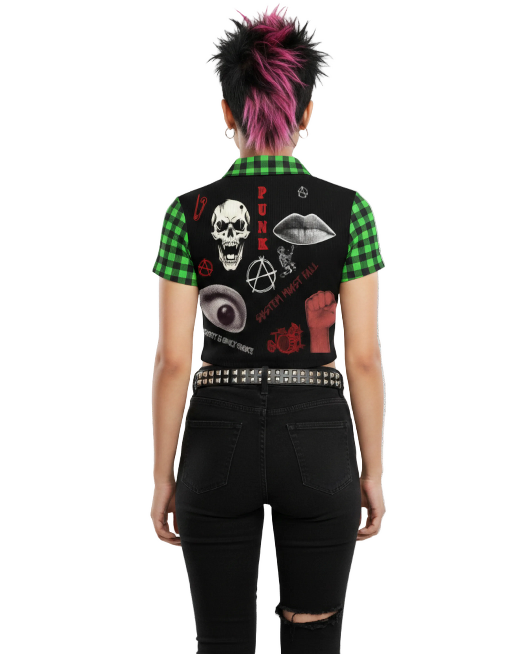 Damski Punkowy Zip Crop Top Abstract Chaotic Manifesto - Toxic Green