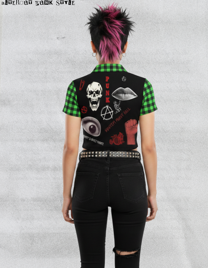 Damski Punkowy Zip Crop Top Abstract Chaotic Manifesto - Toxic Green