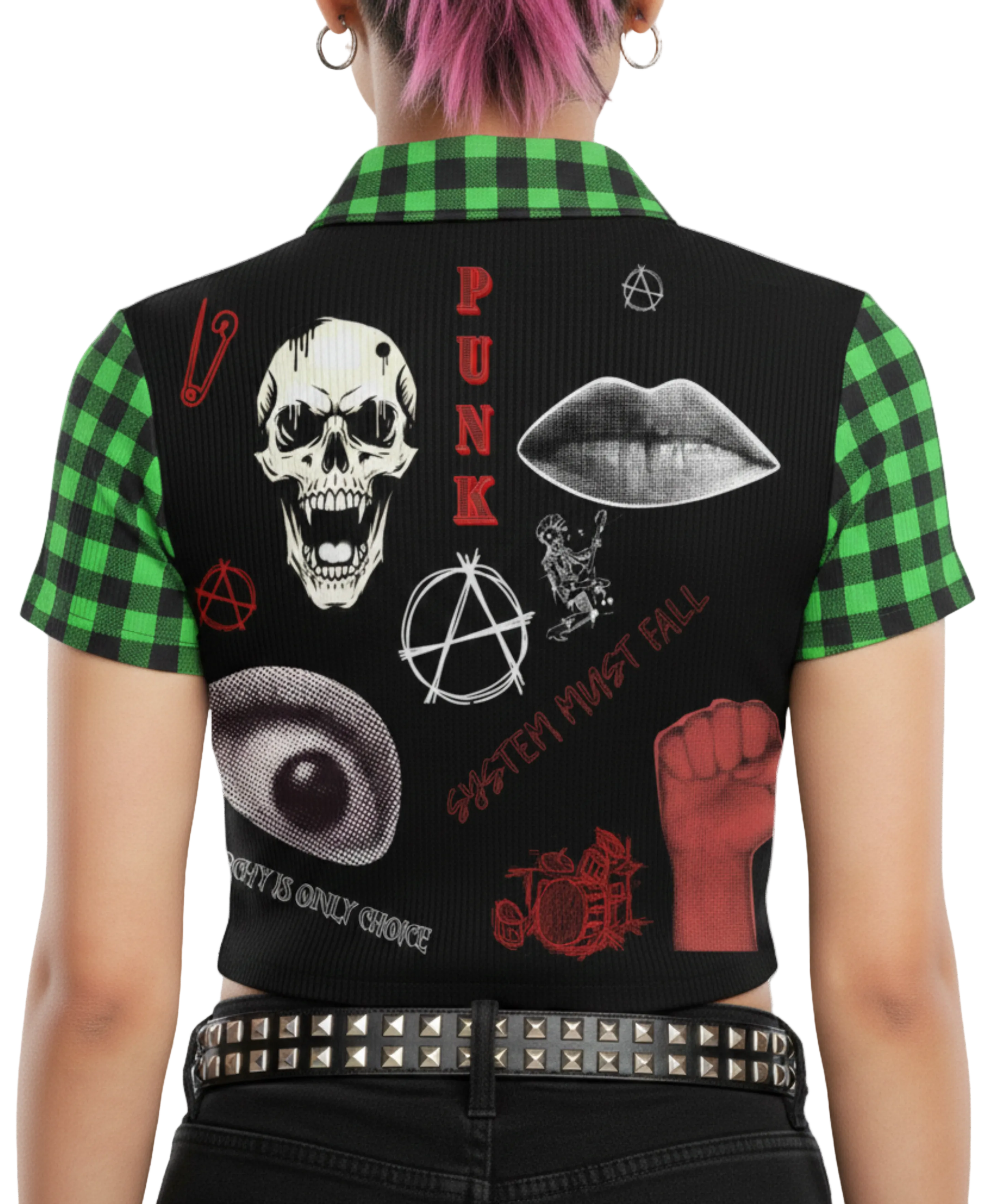Damski Punkowy Zip Crop Top Abstract Chaotic Manifesto - Toxic Green