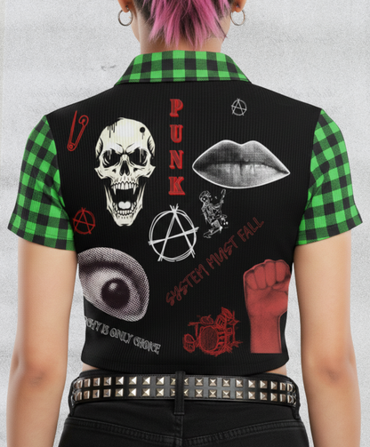 Damski Punkowy Zip Crop Top Abstract Chaotic Manifesto - Toxic Green