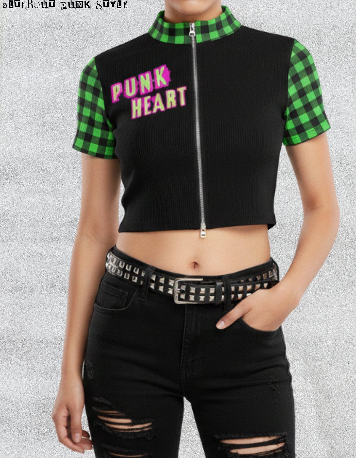 Damski Punkowy Zip Crop Top Abstract Chaotic Manifesto - Toxic Green