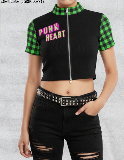 Damski Punkowy Zip Crop Top Abstract Chaotic Manifesto - Toxic Green