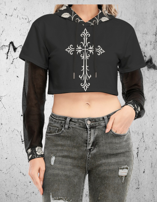 Gotycka Bluza Crop z siatką na rękawie Dark Garden