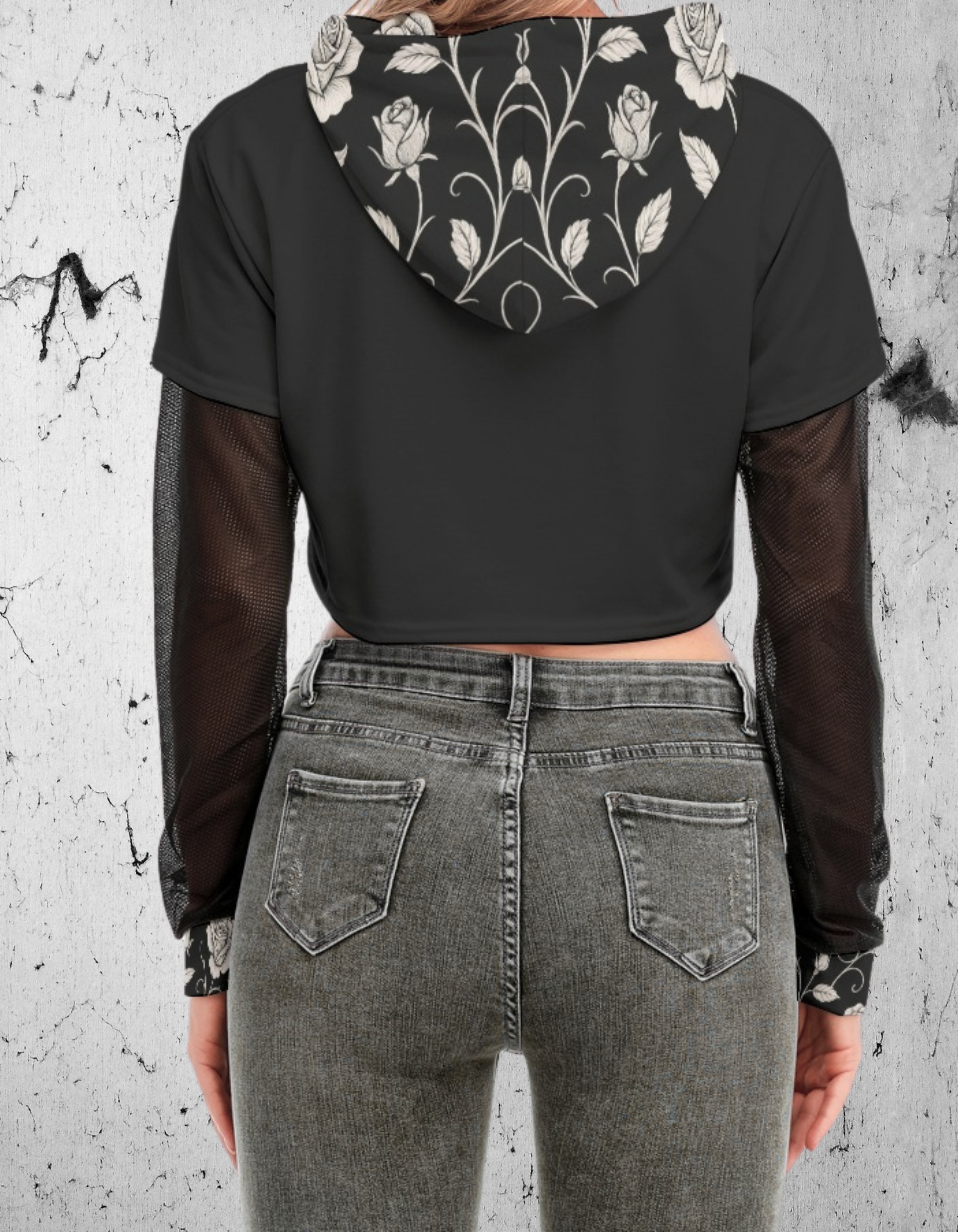 Gotycka Bluza Crop z siatką na rękawie Dark Garden