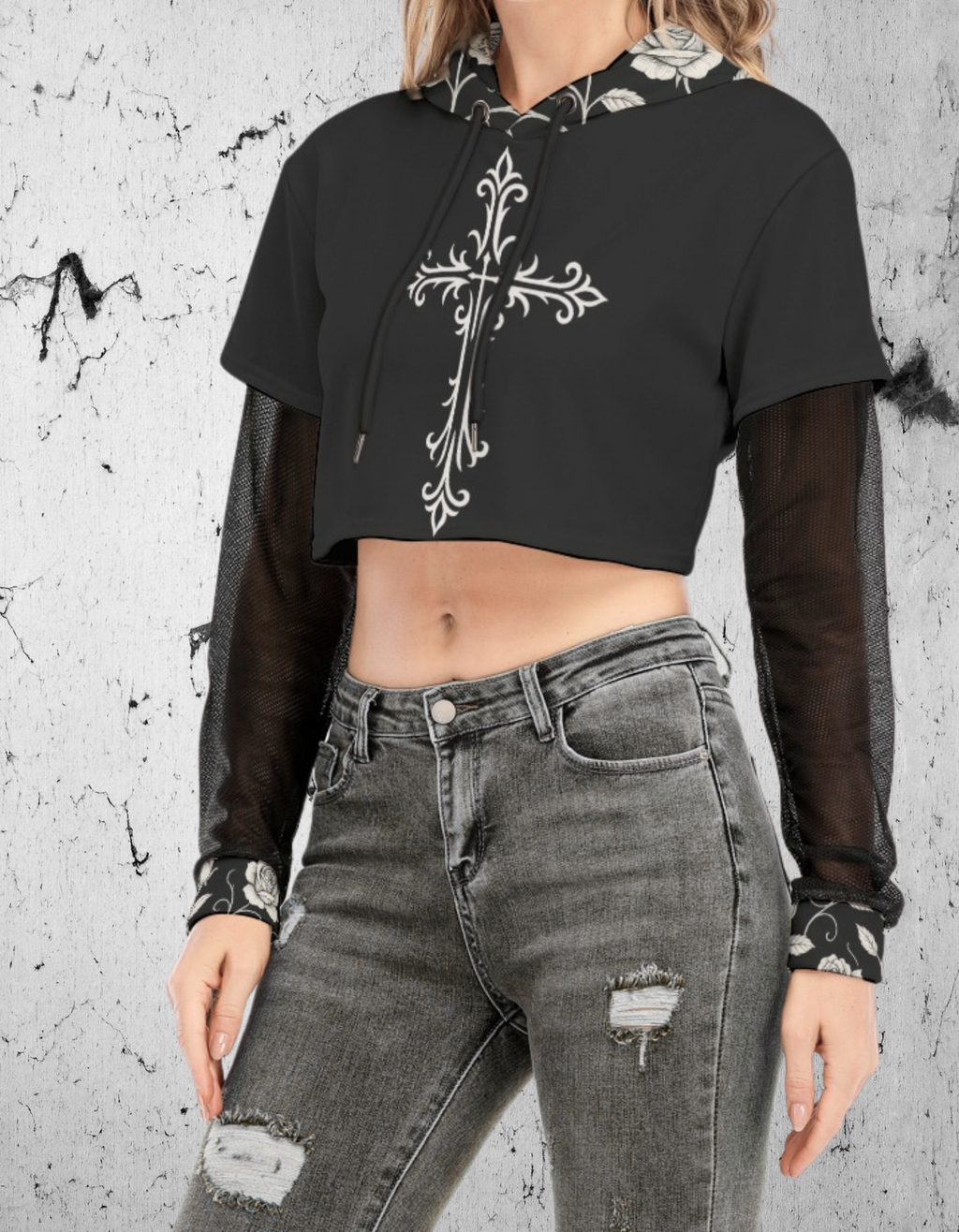 Gotycka Bluza Crop z siatką na rękawie Dark Garden