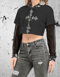 Gotycka Bluza Crop z siatką na rękawie Dark Garden