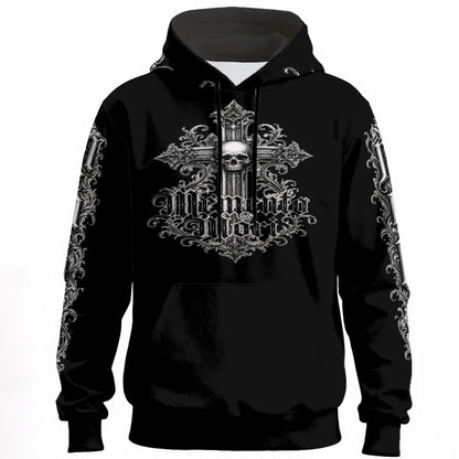 gothic hoodie black with detailed ornament print front product flat lay