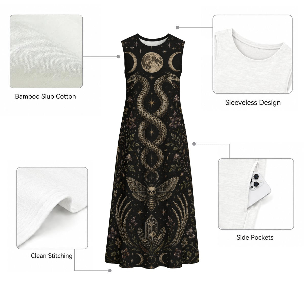 Sukienka Wicca Maxi z Kieszeniami – Witchcore Summer Dress 100% Bawełna | Whimsigoth |