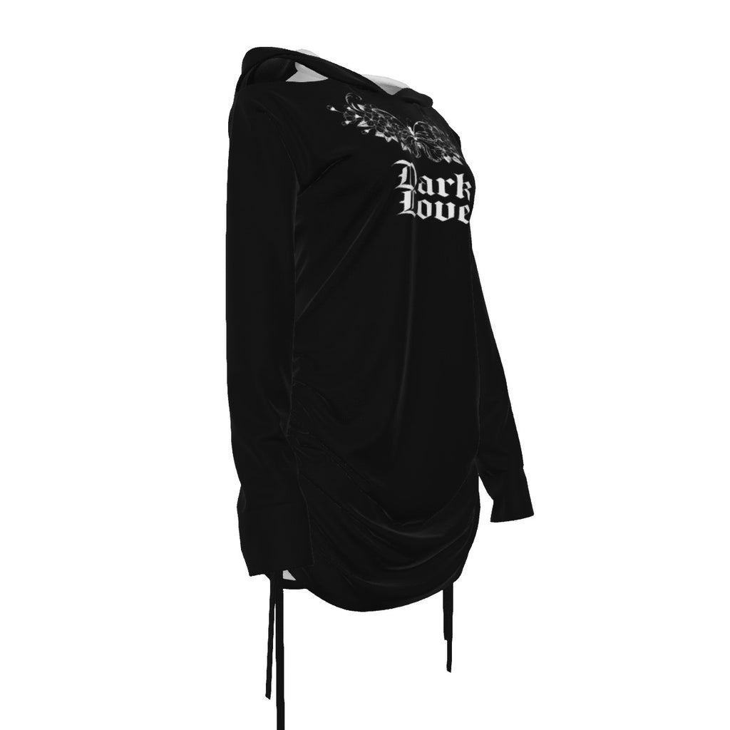 Gotycka Sukienka Hoodie Dark Love – Asymetryczna Sukienka z Kapturem, Odkrytym Ramieniem i Nadrukiem | Gothic | Darkwear | Alternative Fashion