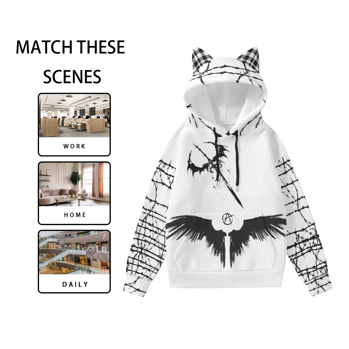 Bluza Damska Grunge Goth z Kocimi Uszami | Anarchy Cat Escape | 230 GSM