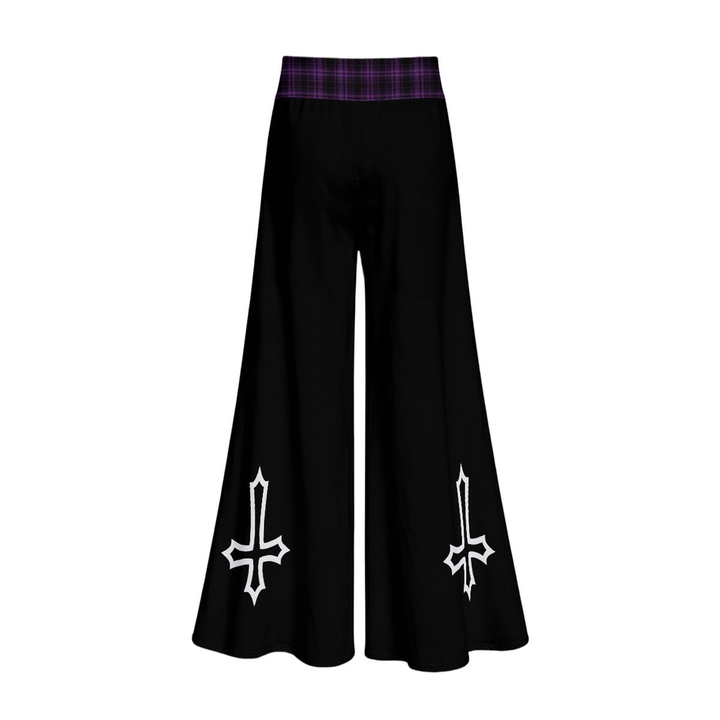 Gotyckie Spodnie Damskie Wide Leg | Witchcore Moon & Bats – Czarne Szerokie Spodnie Alternatywne