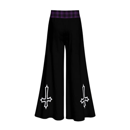Gotyckie Spodnie Damskie Wide Leg | Witchcore Moon & Bats – Czarne Szerokie Spodnie Alternatywne