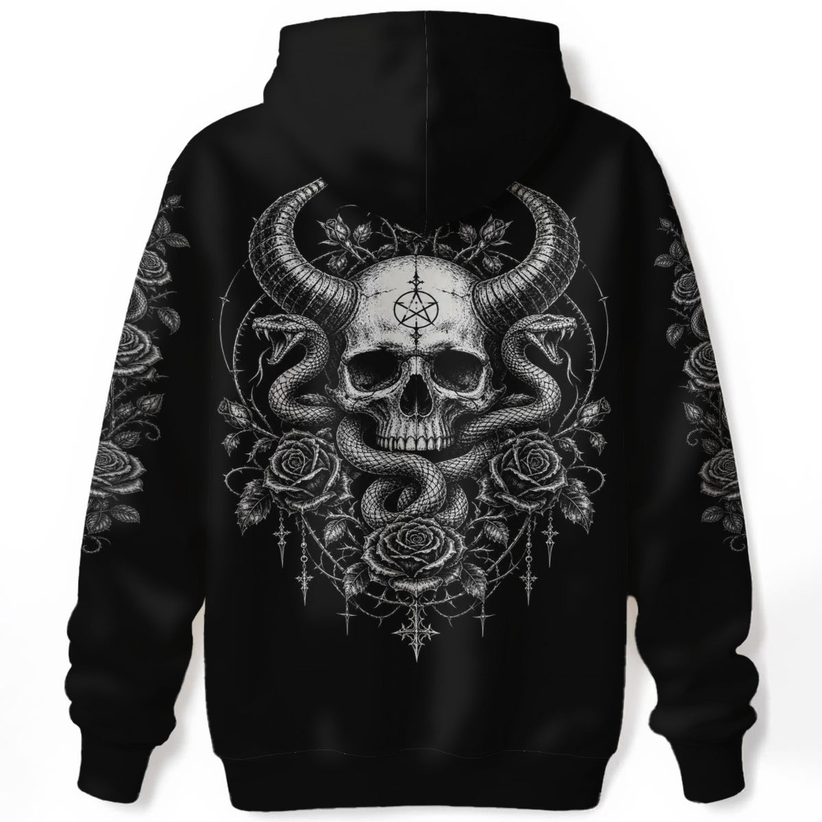 black darkwear hoodie with skull serpent artwork gothic streetwear alternative clothing