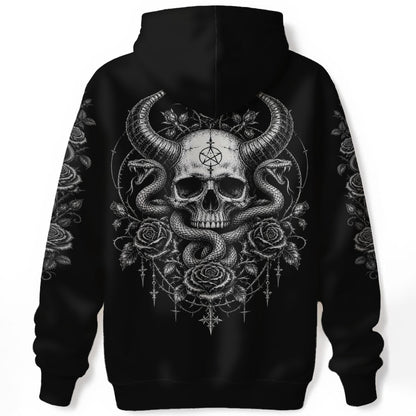 black darkwear hoodie with skull serpent artwork gothic streetwear alternative clothing