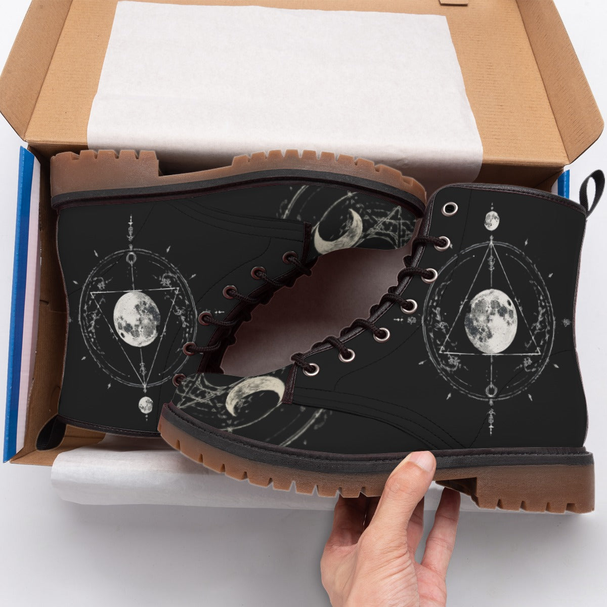 Buty Gotyckie Astral Ritual – Celestial Occult Design | Sznurowane Botki z Ekoskóry | Witchy Aesthetic