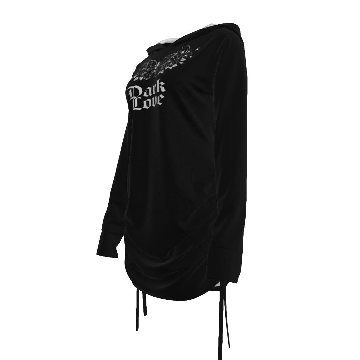 Gotycka Sukienka Hoodie Dark Love – Asymetryczna Sukienka z Kapturem, Odkrytym Ramieniem i Nadrukiem | Gothic | Darkwear | Alternative Fashion