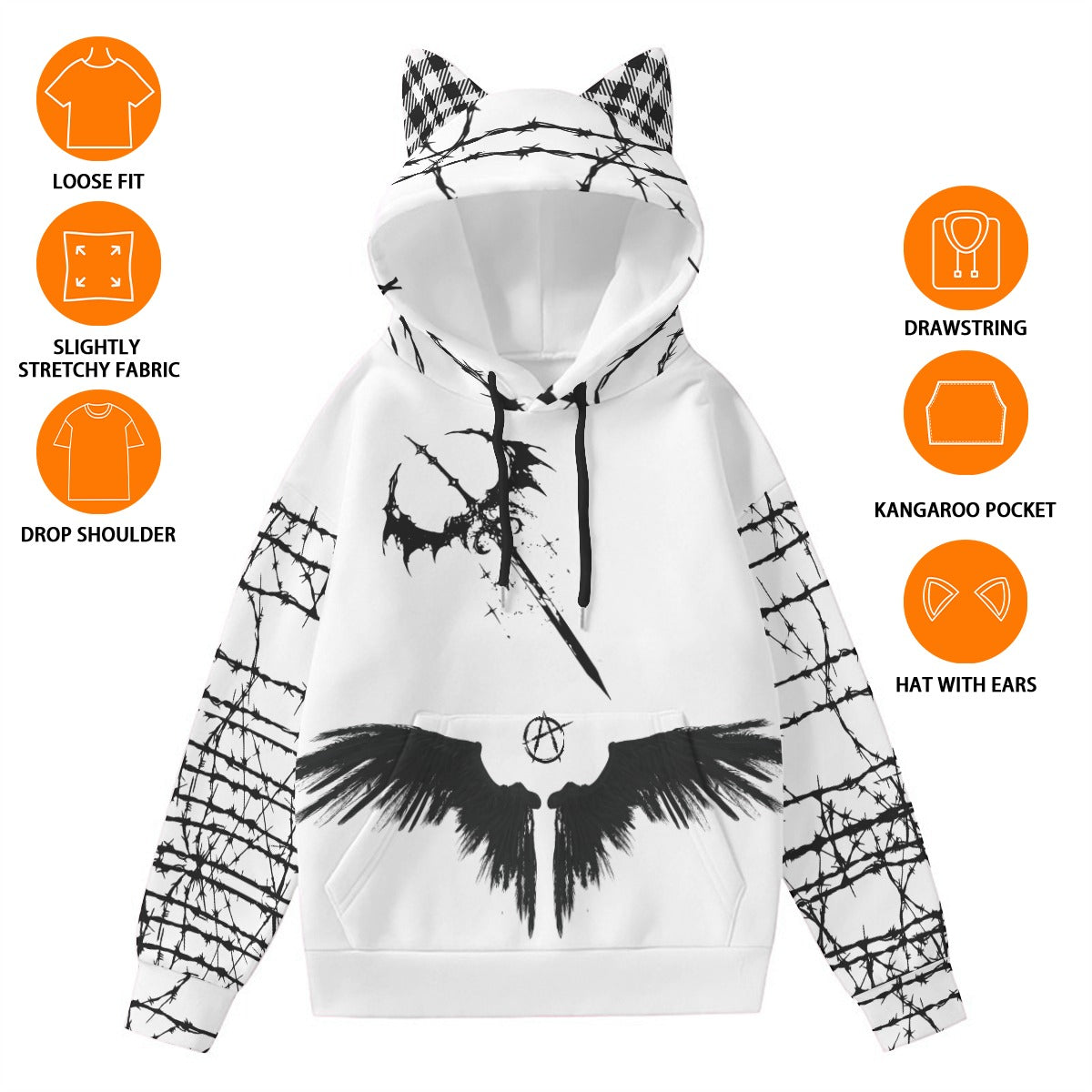 Bluza Damska Grunge Goth z Kocimi Uszami | Anarchy Cat Escape | 230 GSM