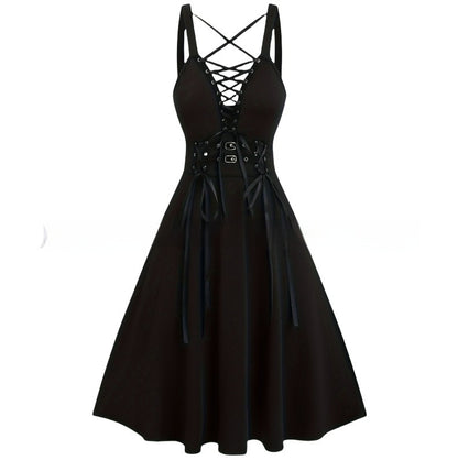 Gotycka Sukienka z Wstążkami – Czarna Gothic A-Line Dress High Waist | Dark Aesthetic Midi Dress