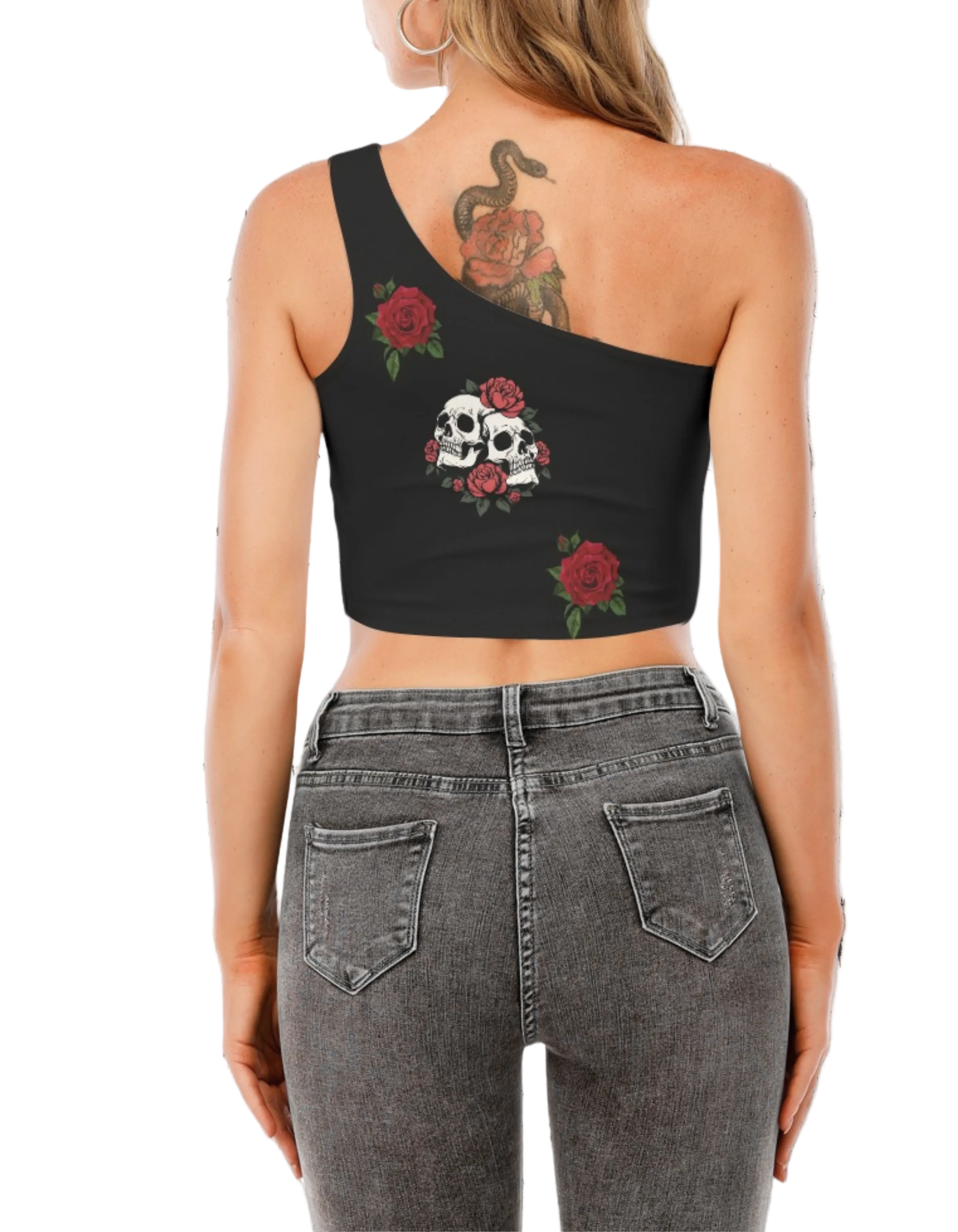 Gotycki Asymetryczny Top | Crimson Skull Cross One-Shoulder Top | Midnight Requiem