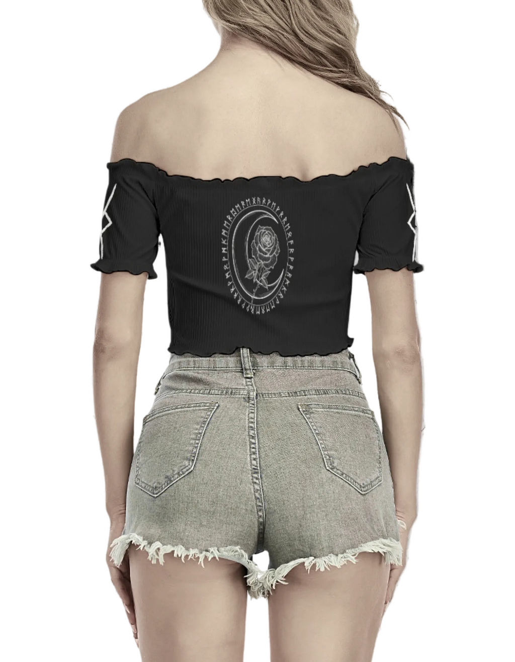 Gotycki Crop Top Off Shoulder | Esoteric Rose Sigil | Midnight Bloom