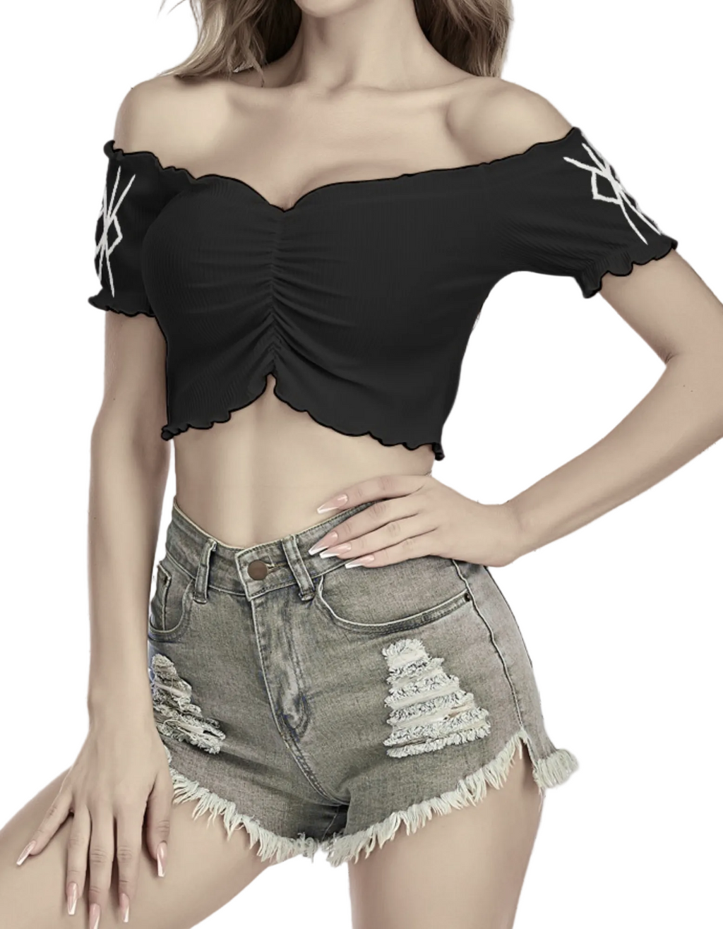Gotycki Crop Top Off Shoulder | Esoteric Rose Sigil | Midnight Bloom