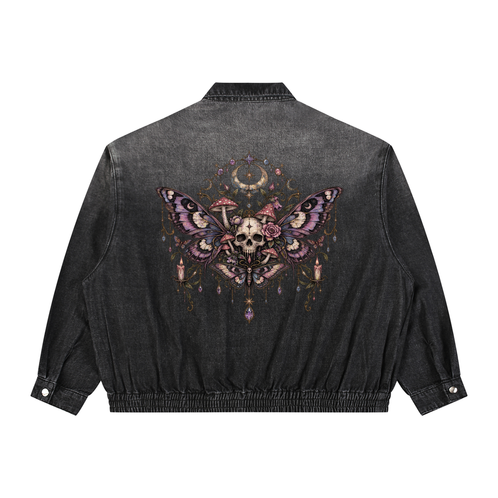 Gotycka Kurtka Wicca Denim Unisex | Ćma Śmierci i Księżyc | Death Moth Ritual