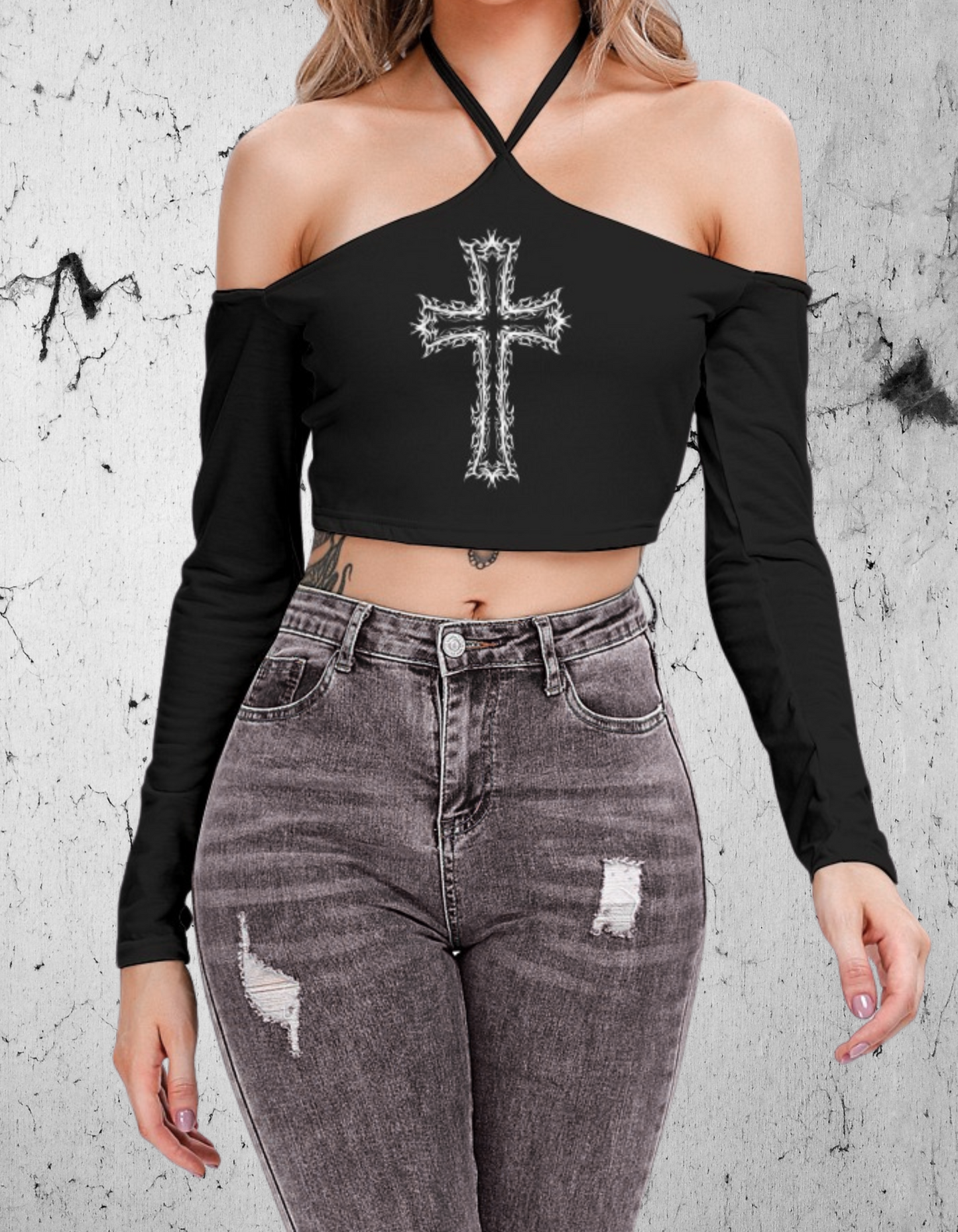 Gotycki Crop Top z długimi rękawami bez ramion Dark Fire Cross