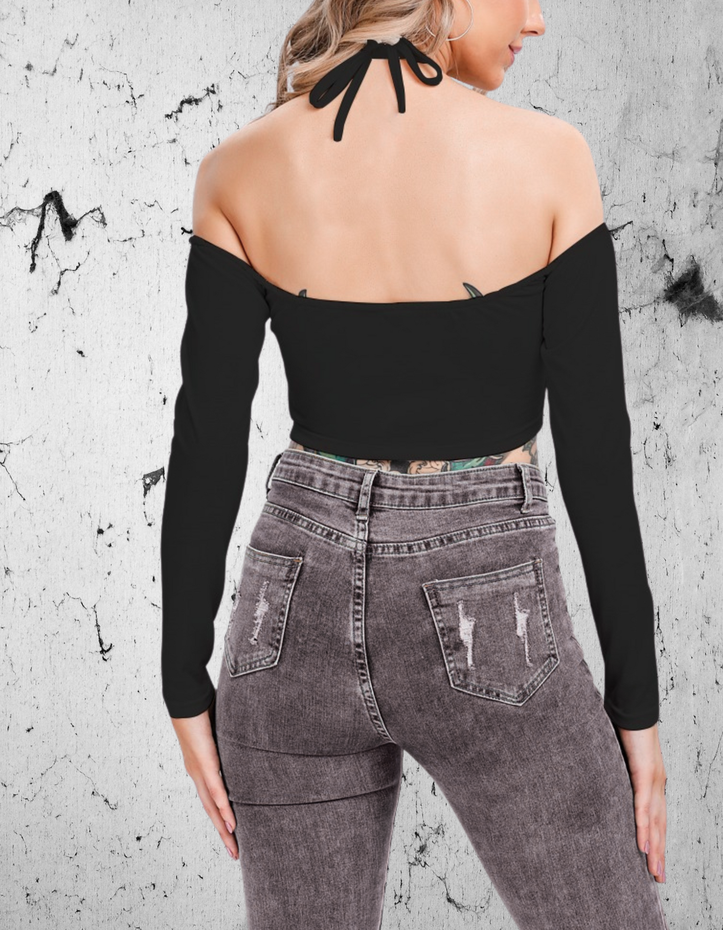 Gotycki Crop Top z długimi rękawami bez ramion Dark Fire Cross