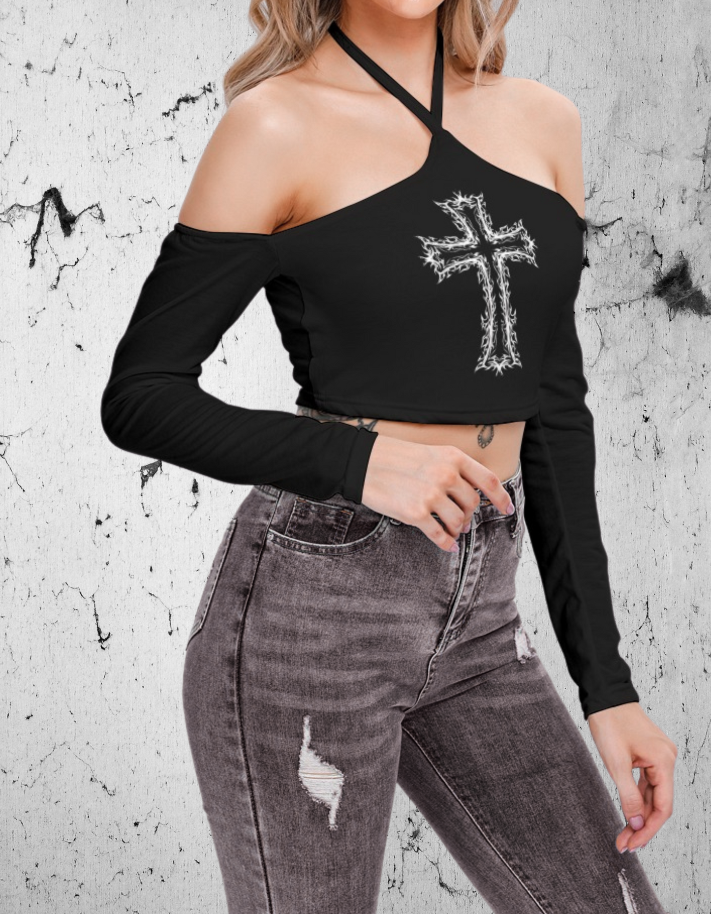 Gotycki Crop Top z długimi rękawami bez ramion Dark Fire Cross