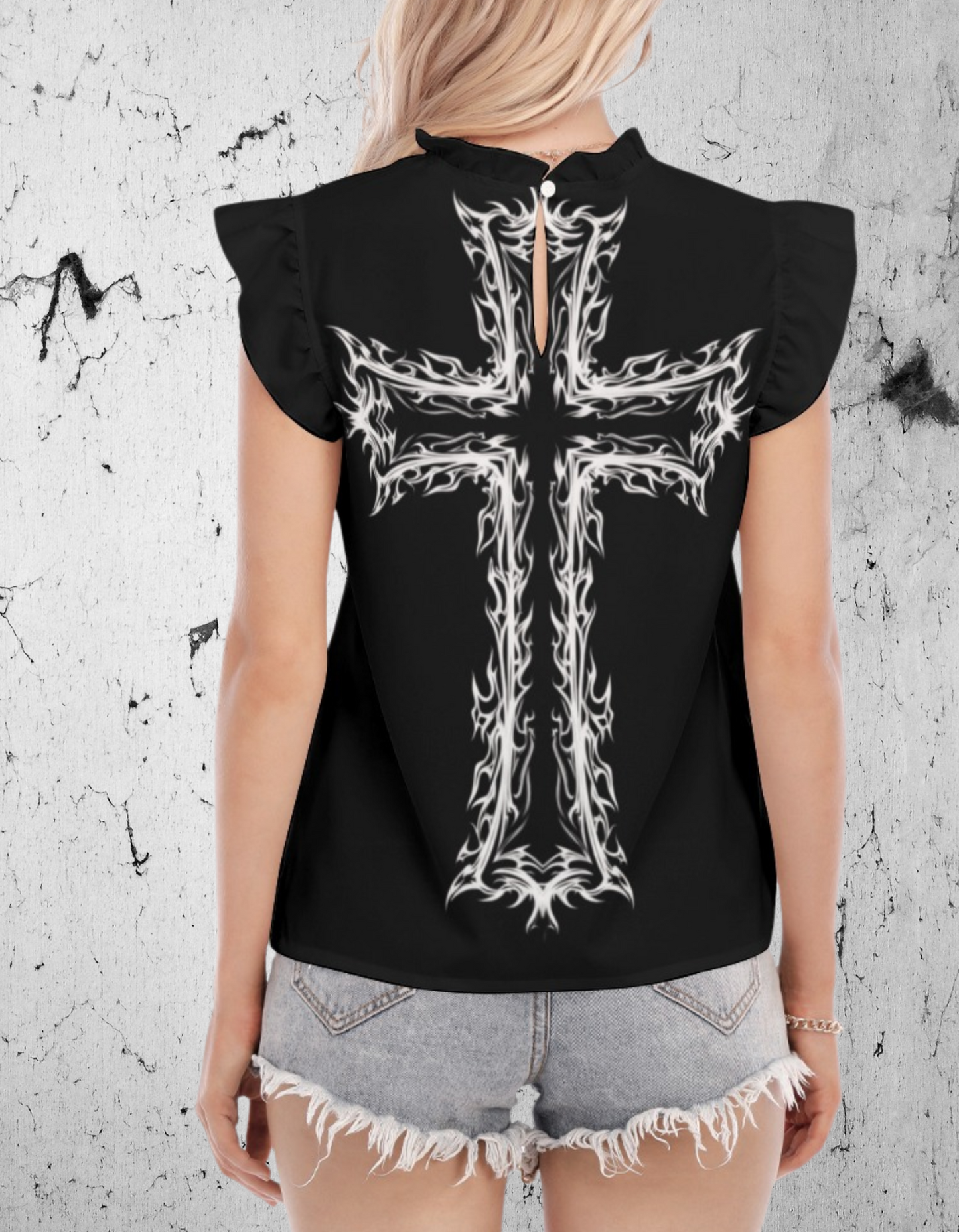 Gotycka Bluzka z koronkowym rękawem Dark Fire Cross