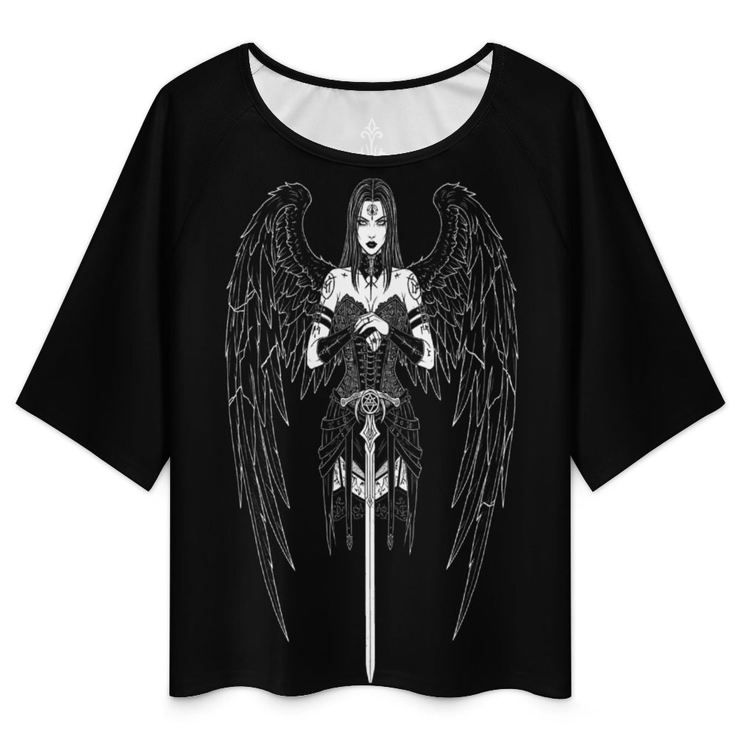 Gotycka Koszulka Damska Dark Angel | Occult Fallen Angel Loose Fit | Gothic Boat Neck Top 3/4 Sleeve