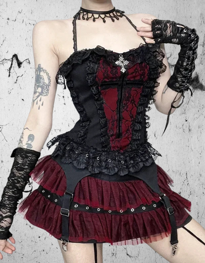 Czerwony Top Altgotycki z falbankami